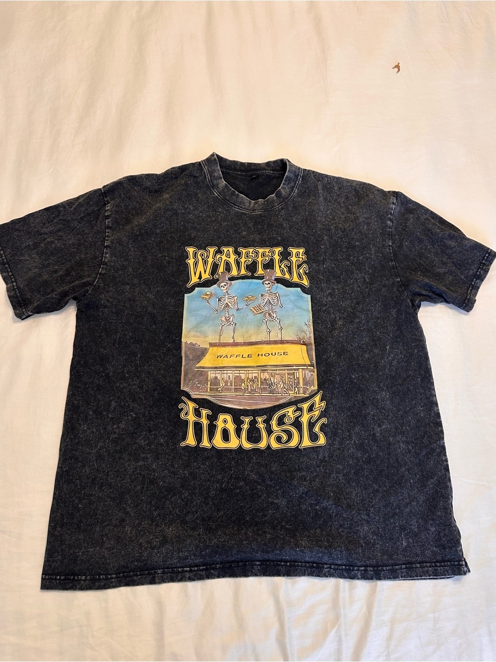 Waffle House Graphic Tee - Black Mineral Wash with Yellow Print